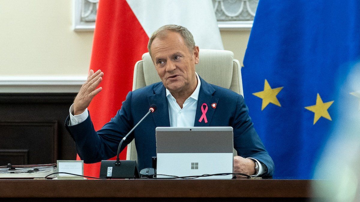 Prime Minister of Poland, Donald Tusk gestures while speaking during the weekly Ministerial meeting in Warsaw. 