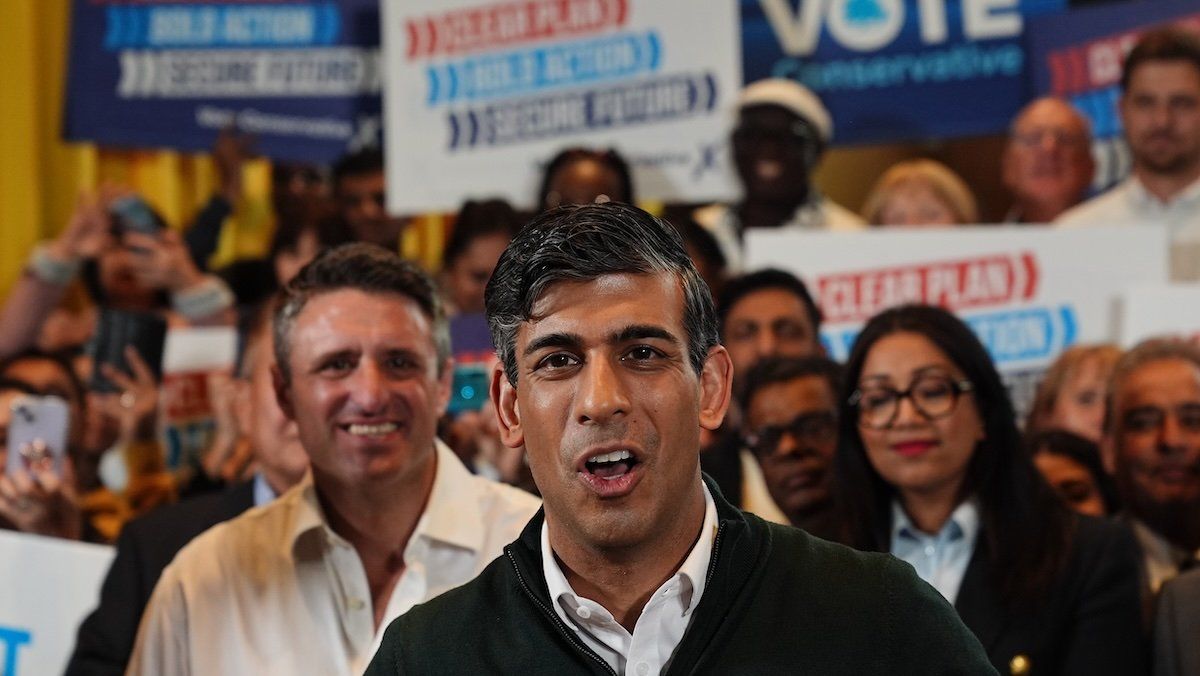 Prime Minister Rishi Sunak delivers a stump speech to party members at the MK Gallery in Milton Keynes, Buckinghamshire, while on the General Election campaign trail.
