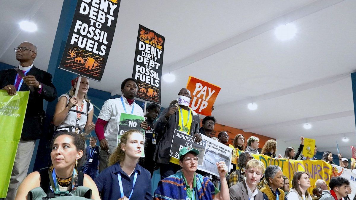 ​Protesters gather at the venue of the 29th Conference of the Parties to the U.N. Framework Convention on Climate Change, dubbed COP29, in Baku, Azerbaijan, on Nov. 16, 2024, calling for developed countries to take responsibility for the greenhouse gasses they have emitted. 