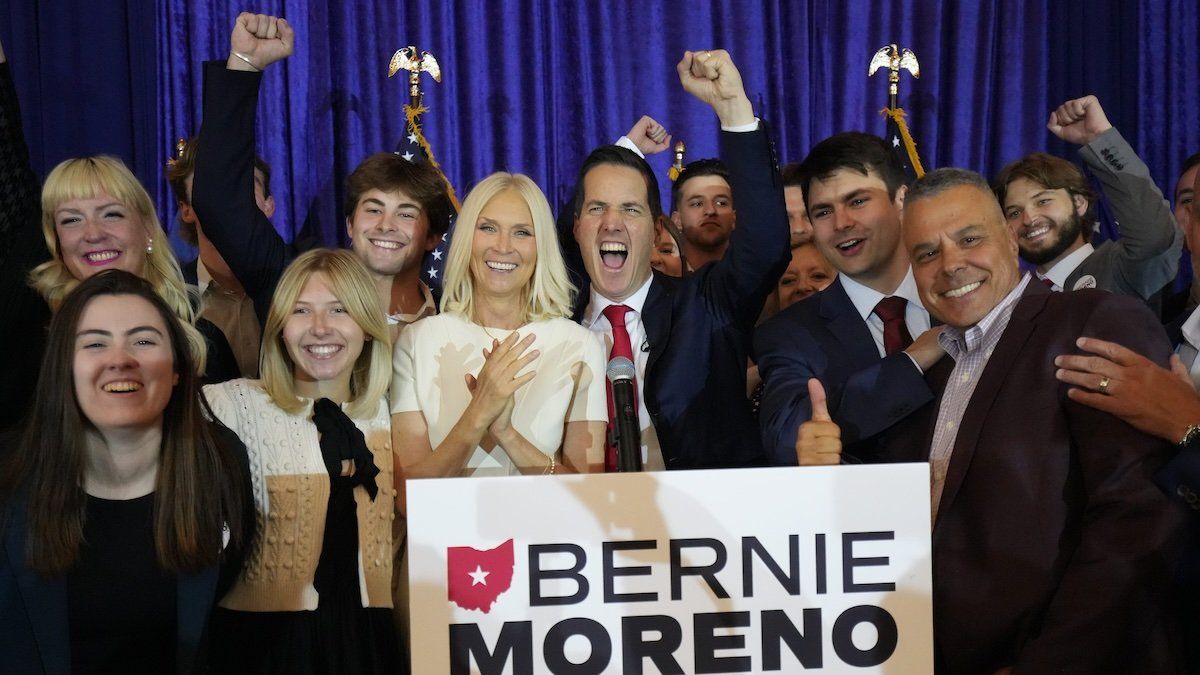 Republican candidate for US Senate Bernie Moreno celebrates his victory over Sherrod Brown at his election night party at the La Centre Conference & Banquet Facility in Westlake, Ohio, a Cleveland suburb, on November 5, 2024.