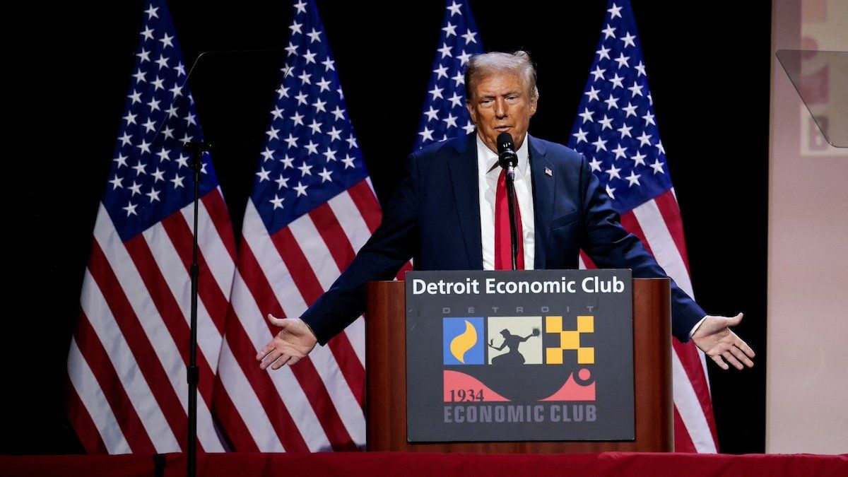 ​Republican presidential nominee and former U.S. President Donald Trump addresses the Detroit Economic Club in Detroit, Michigan, U.S., October 10, 2024. 