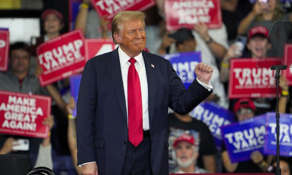 ​Republican presidential nominee and former US President Donald Trump gestures during a campaign rally in Reading, Pennsylvania, on Oct. 9, 2024. 