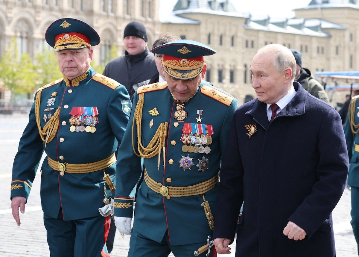 ​Russian President Vladimir Putin, Defence Minister Sergei Shoigu, and Chief of the Russian Land Forces Oleg Salyukov attend a military parade on Victory Day, in Moscow, on May 9, 2024.
