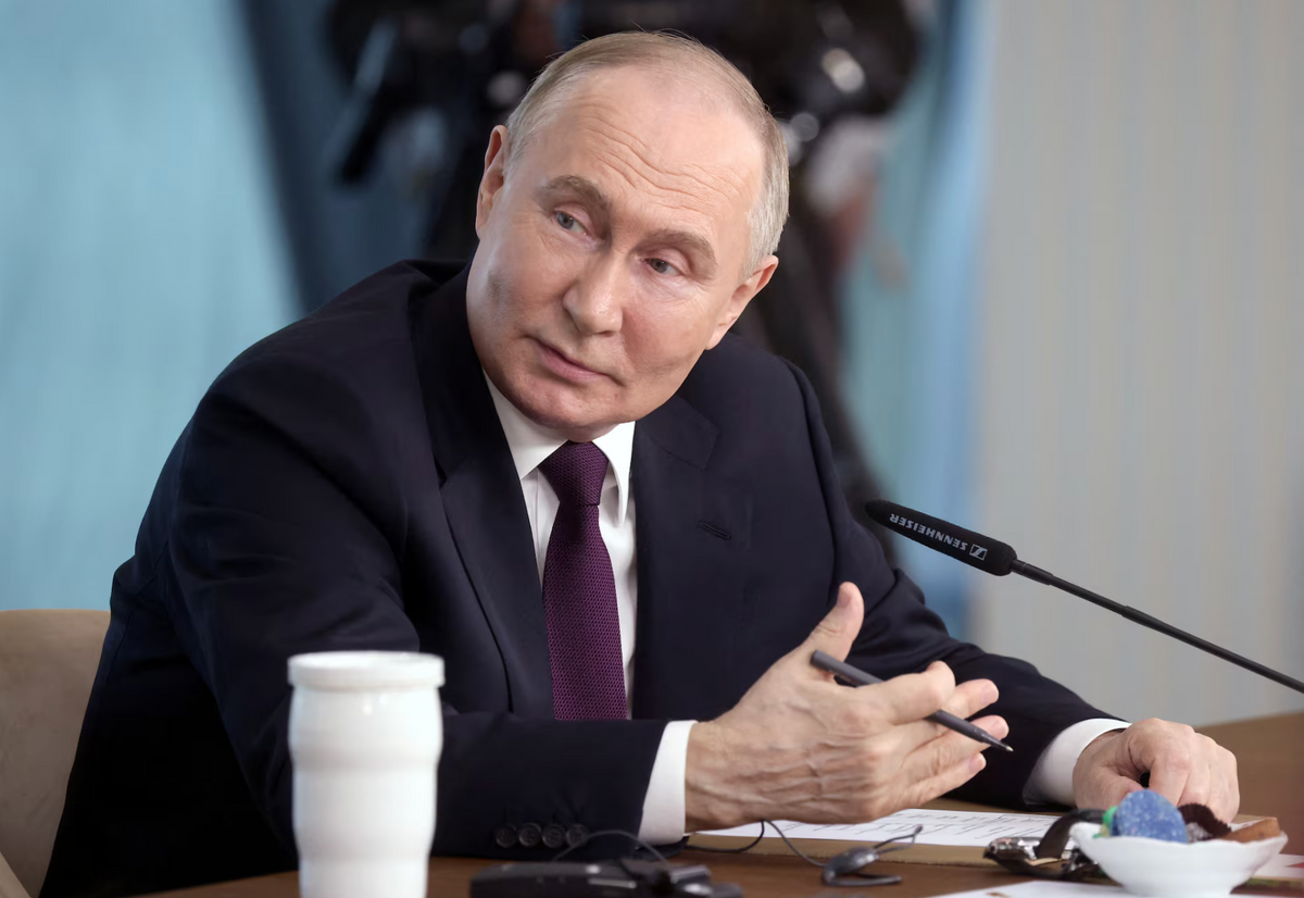 Russian President Vladimir Putin speaks during a meeting with senior editors from international news agencies at Lakhta Centre business tower in Saint Petersburg, Russia June 5, 2024. 