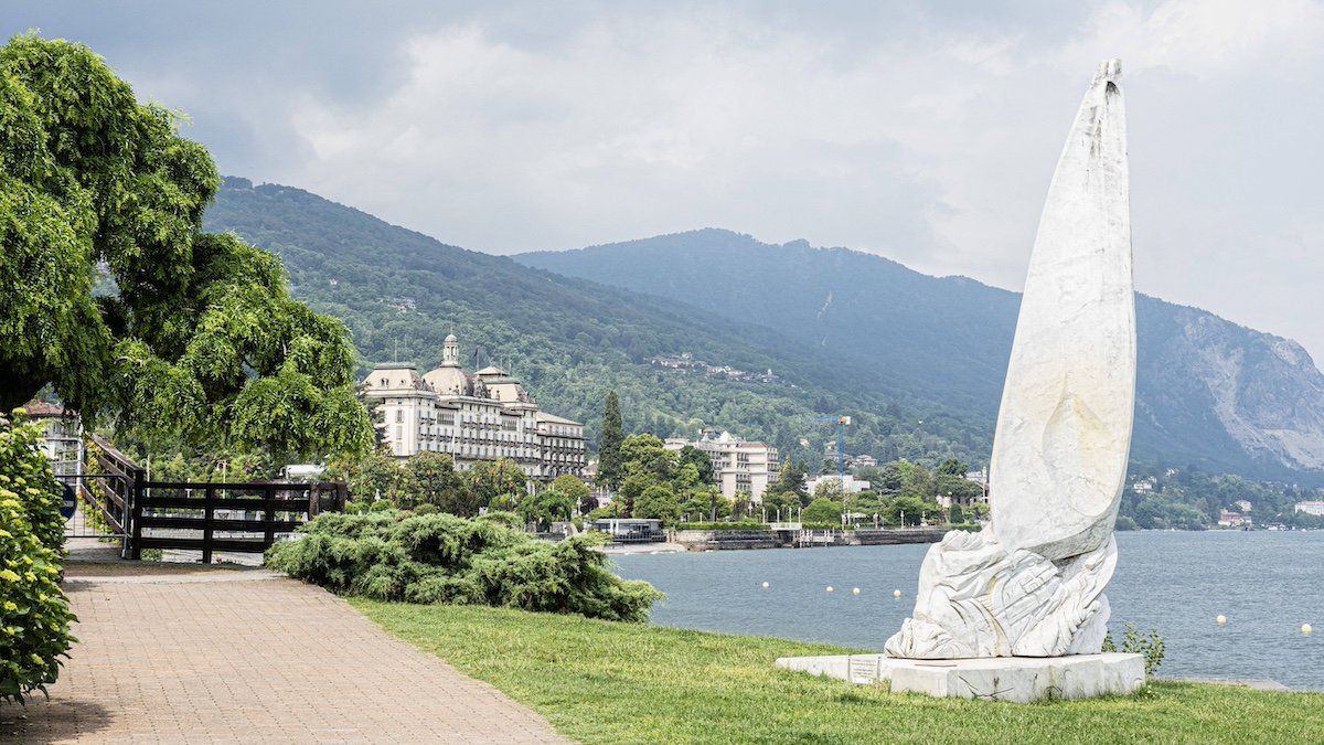 Sailboat statue La Vela, on the shoreline at Stresa, Lake Maggiore, Italian Lakes, Piedmont, Italy