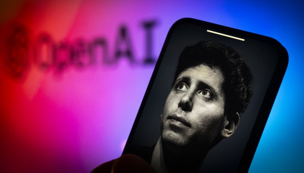 Sam Altman is seen on a mobile device screen next to an OpenAI logo in this illustration.