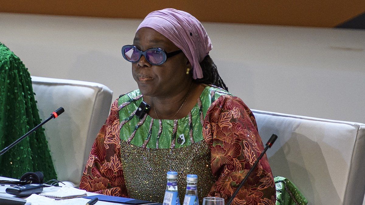 Sara Beysolow Nyanti, Minister of Foreign Affairs of Liberia, delivers a speech at the high-level panel discussion on ''Education in Peril: The Human Cost of War'' during the opening session of the 5th Observance of the UN International Day to Protect Education from Attack at Qatar National Convention Centre (QNCC) in Doha, Qatar, on September 9, 2024.