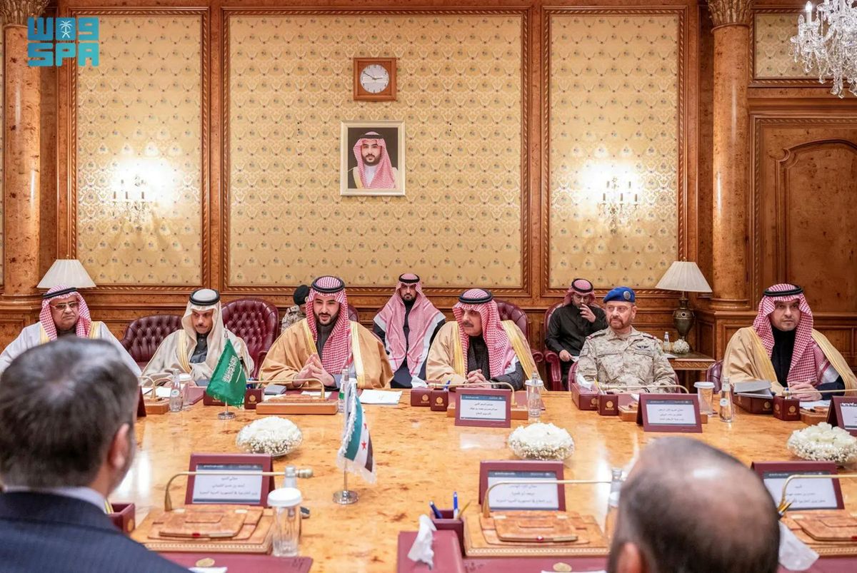 ​Saudi Arabia's Defense Minister Prince Khalid bin Salman meets Syria's newly appointed Foreign Minister Asaad Hassan al-Shibani, in Riyadh, Saudi Arabia, January 2, 2025. 