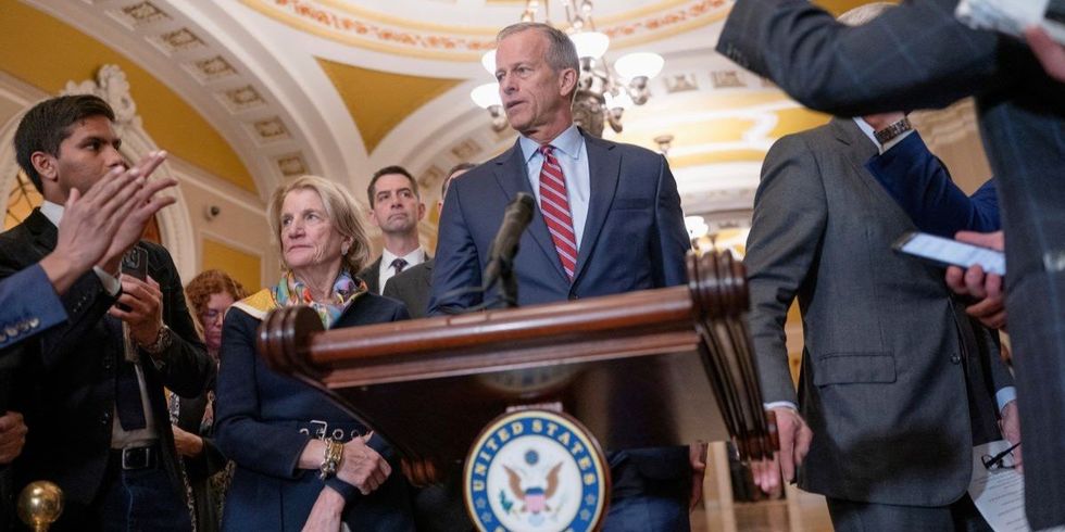 ​Senate Majority Leader John Thune (R-SD) speaks with reporters following the Senate Republicans' weekly policy lunch on Capitol Hill in Washington, D.C., U.S., March 11, 2025. 