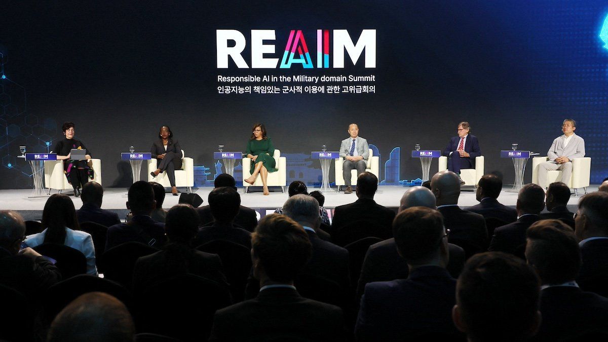 ​Speakers including Dr. Radha Plumb, Chief Digital and Artificial Intelligence Officer, U.S. Department of Defense (third from left), discuss responsible AI use in a plenary session at the Responsible AI in the Military domain (REAIM) summit in Seoul, South Korea, September 9, 2024. 