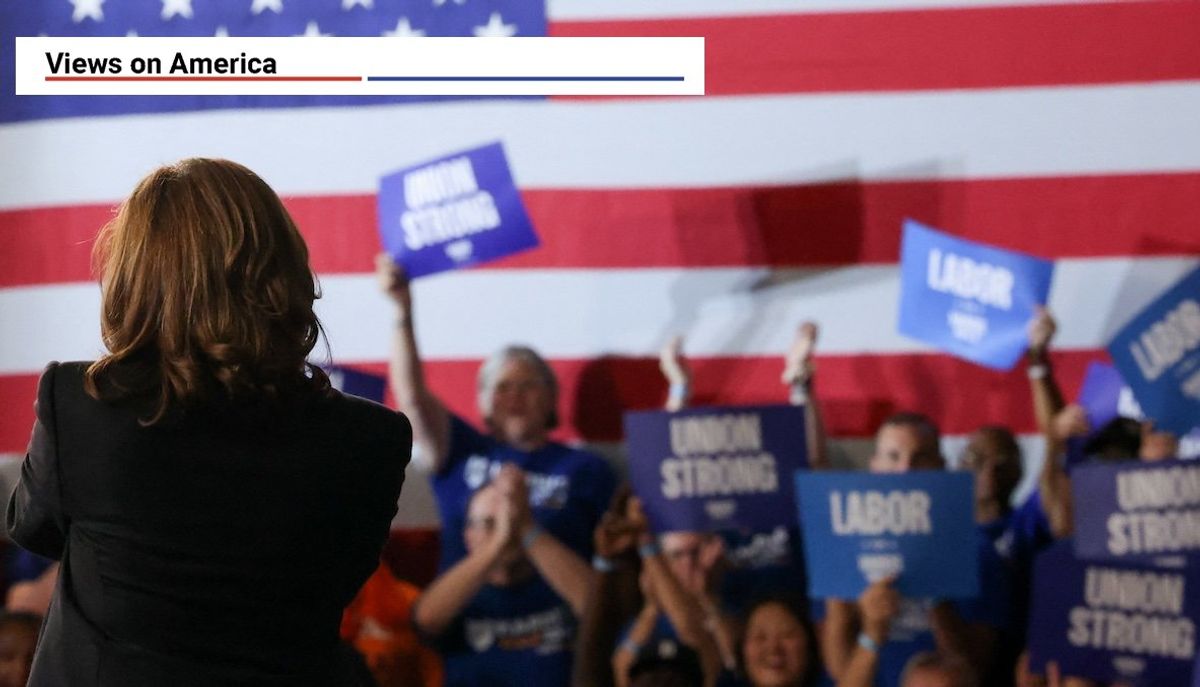 ​Supporters hold placards as Democratic presidential nominee and US Vice President Kamala Harris visits North Western High School in Detroit, Mich., on Sept. 2, 2024.