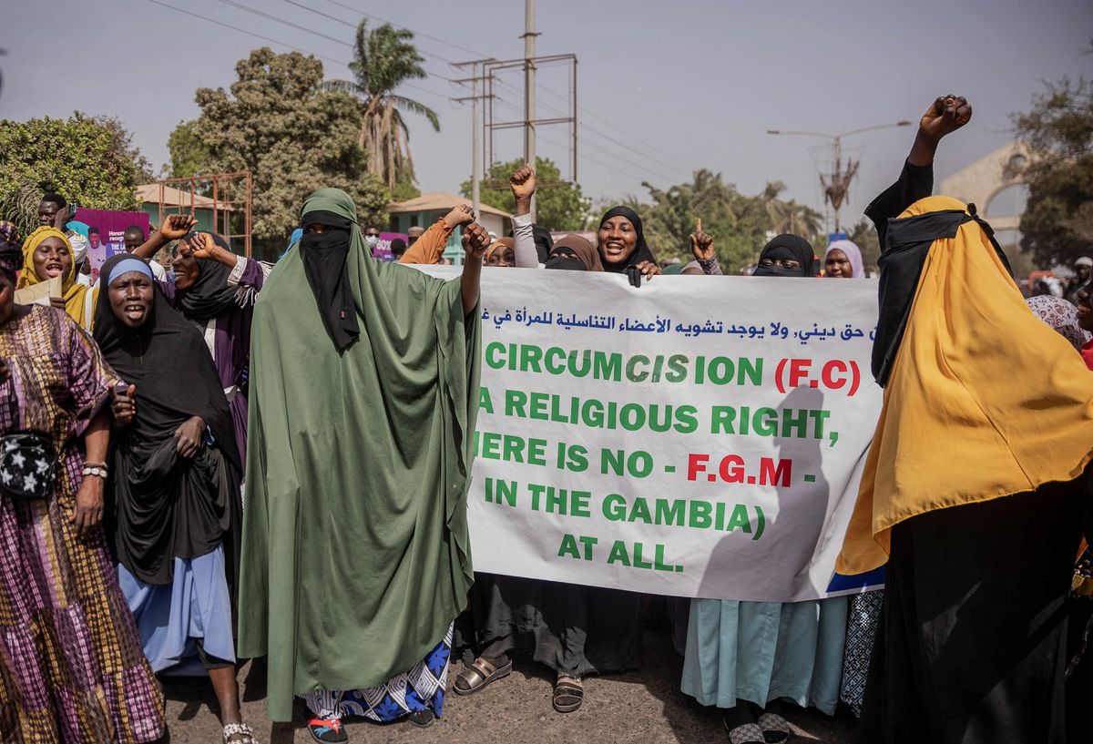 Supporters of a bill aimed at decriminalizing female genital mutilation demonstrate as parliament debates the bill in Banjul, Gambia March 18, 2024. 