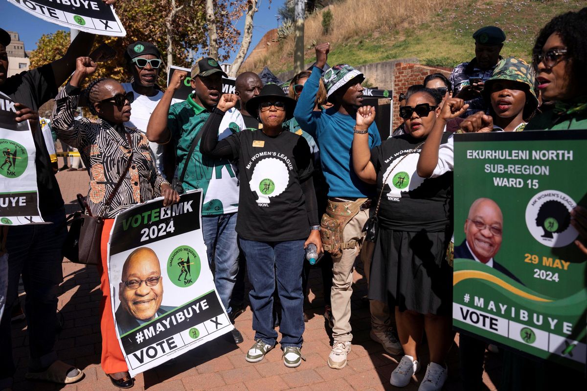 Supporters of former South African President Jacob Zuma protest outside the Constitutional Court which ruled that Zuma is not eligible to stand for office in the National Assembly, in Johannesburg, South Africa May 20, 2024. 