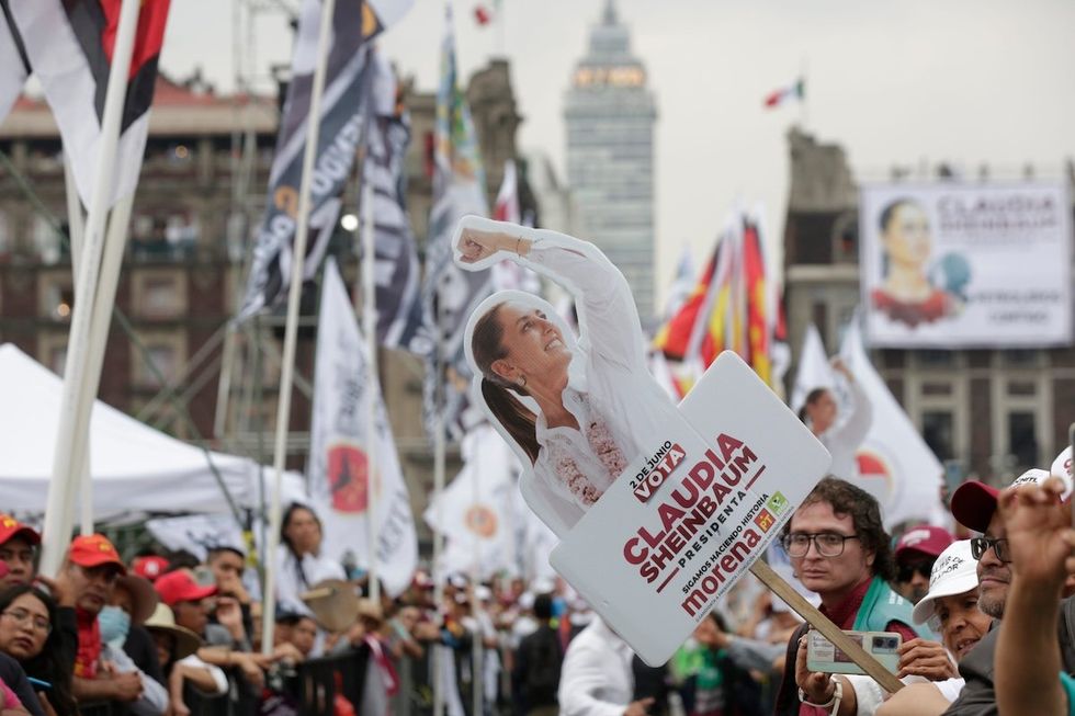 ​Supporters of MORENA presidential candidate Claudia Sheinbaum attend the closure of her presidential campaign at the Zocalo, the nation's main public square in Mexico City, on May 29, days ahead of the election on Sunday.