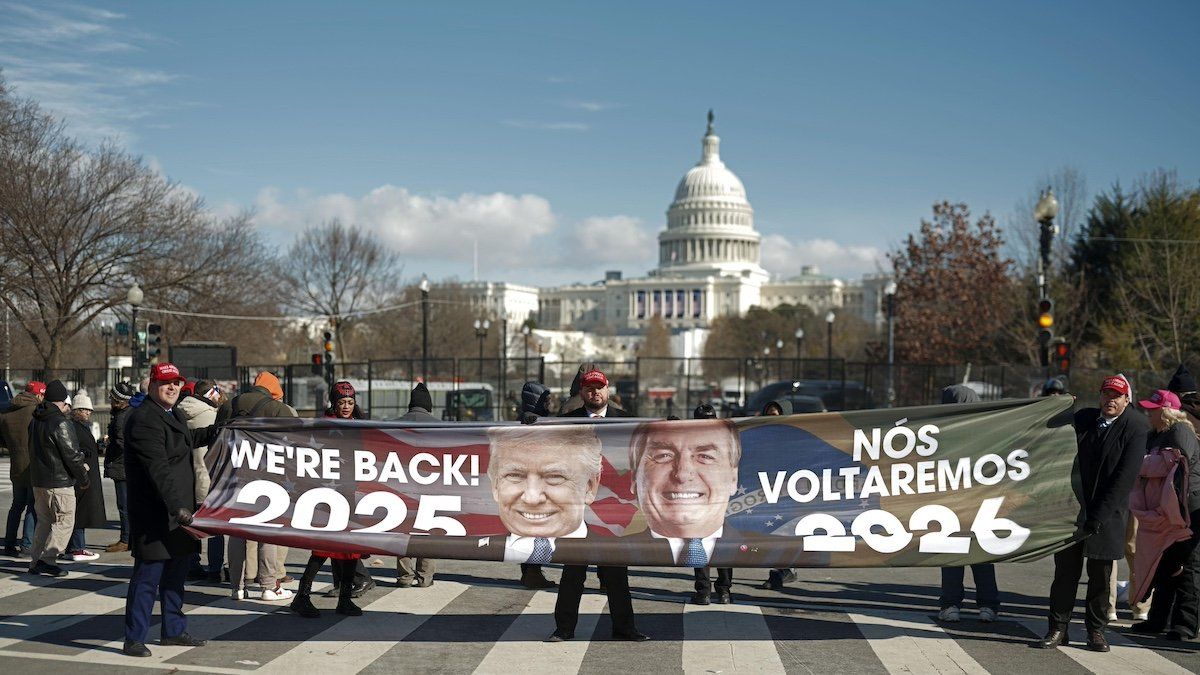 ​Supporters of newly sworn-in U.S. President Donald Trump march near the U.S. Capitol in Washington as his inauguration ceremonies get under way on Jan. 20, 2025. 