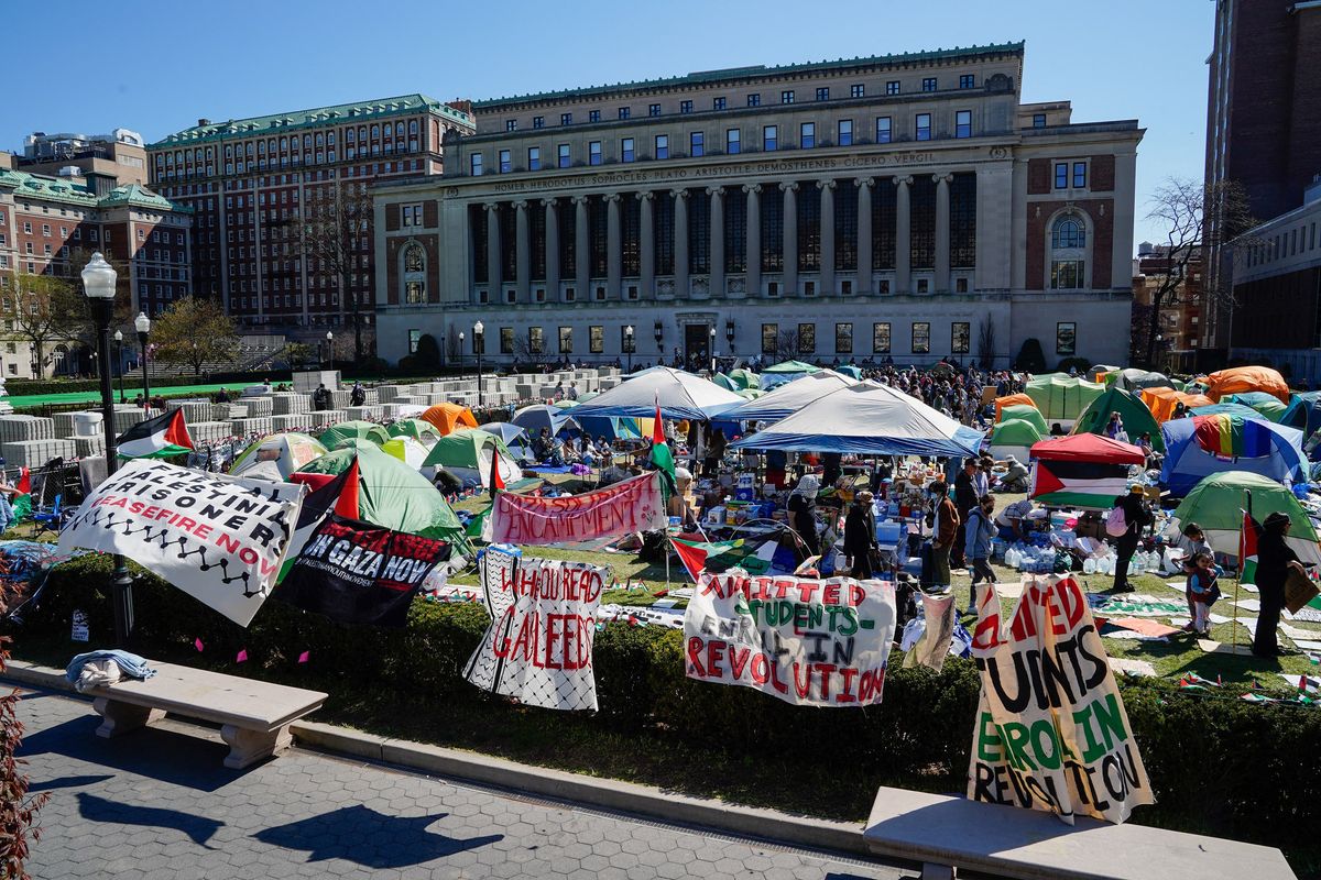 Suspended Jewish Columbia and Barnard students participate in a press conference outside the president of Columbia University’s house on April 23, 2024, in Manhattan, New York.