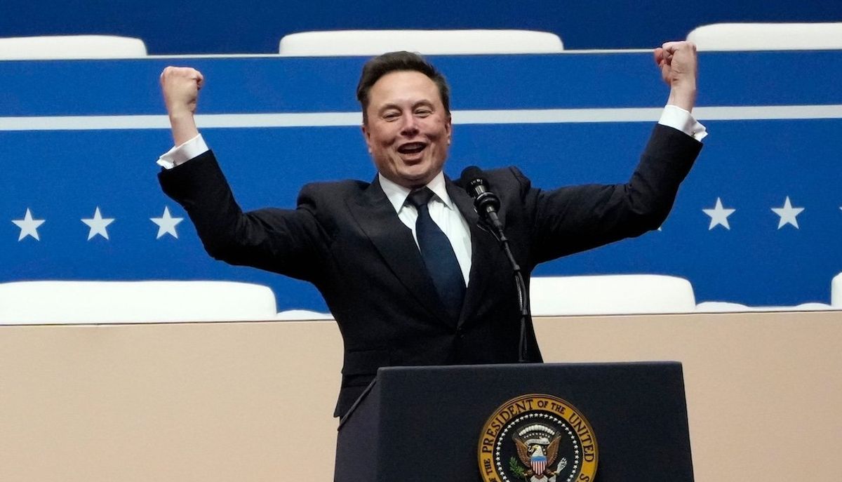 ​Tesla CEO and X owner Elon Musk addresses a stadium audience in Washington, DC, on Inauguration Day.