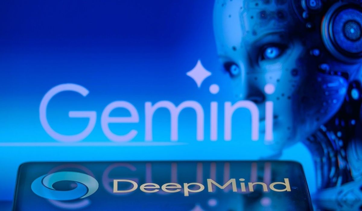 ​The Deepmind logo is being displayed on a smartphone with the Google Gemini logo in the background in this photo illustration in Brussels, Belgium, on Feb. 8, 2024. 