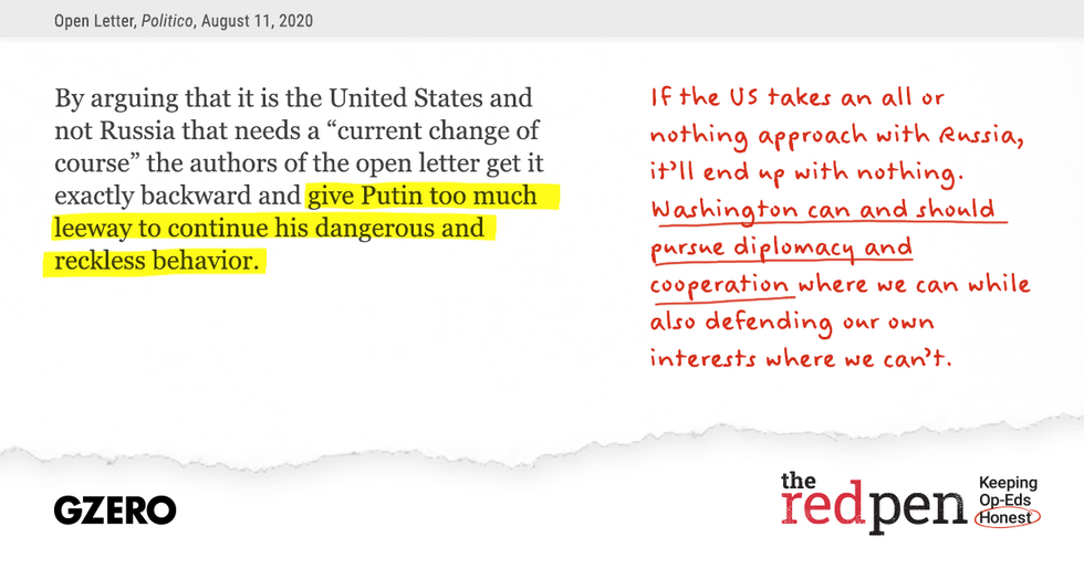 the highlighted (in yellow) part of quote on the graphic says: give Putin too much leeway to continue his dangerous and reckless behavior.
