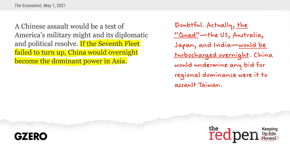 the highlighted (in yellow) part of quote on the graphic says: If the seventh fleet failed to turn up, China would overnight become the dominant power in Asia