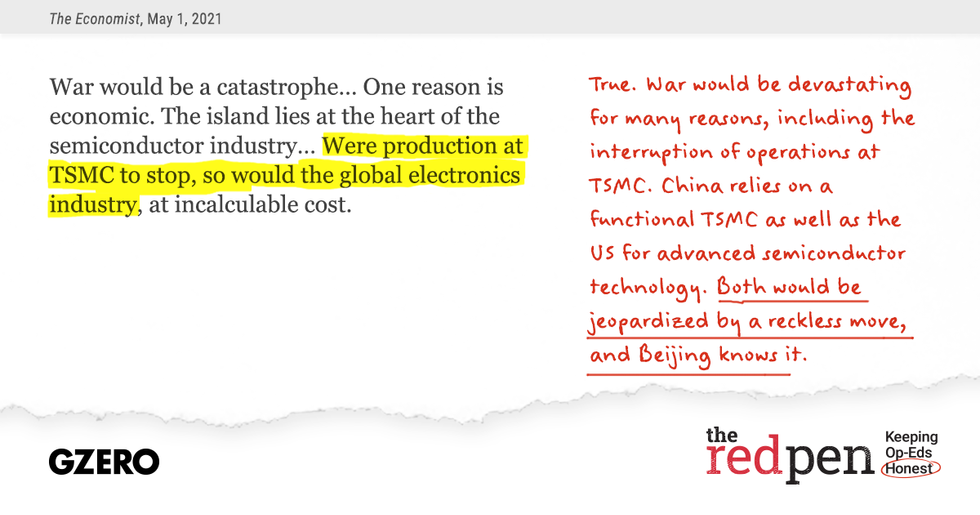 the highlighted (in yellow) part of quote on the graphic says: were production at TSMC to stop, so would the global electronics industry