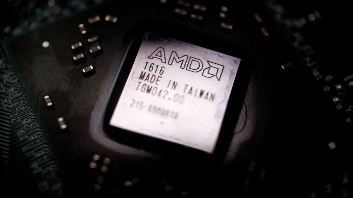 ​The logo of semiconductor company Advanced Micro Devices Inc (AMD) is seen on a graphics processing unit (GPU) chip in this illustration picture taken February 17, 2023. 