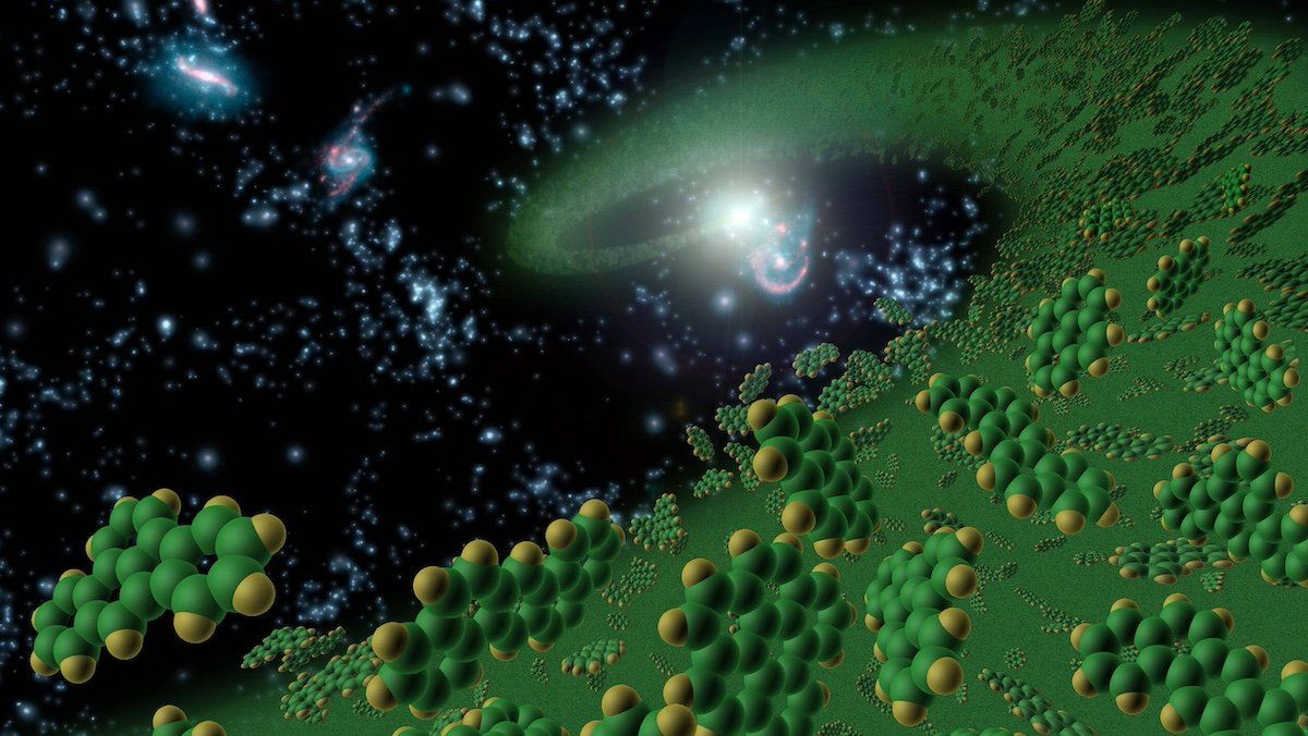 This artist s conception symbolically represents complex organic molecules, known as polycyclic aromatic hydrocarbons, seen in the early universe. These large molecules, comprised of carbon and hydrogen, are considered among the building blocks of life.