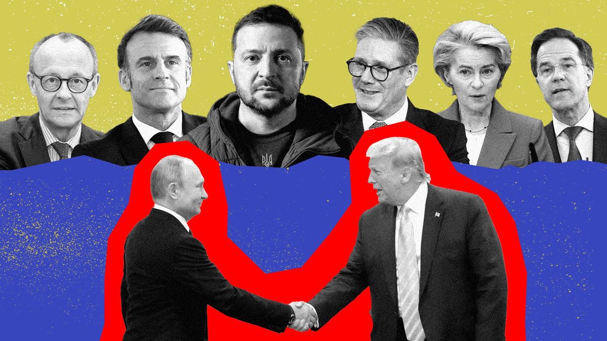 ​Trump and Putin shaking hands in front of European leaders.