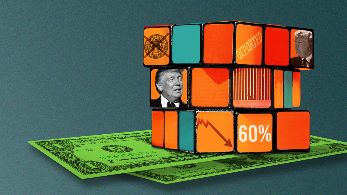 Trump on a rubix cube on top of a dollar.