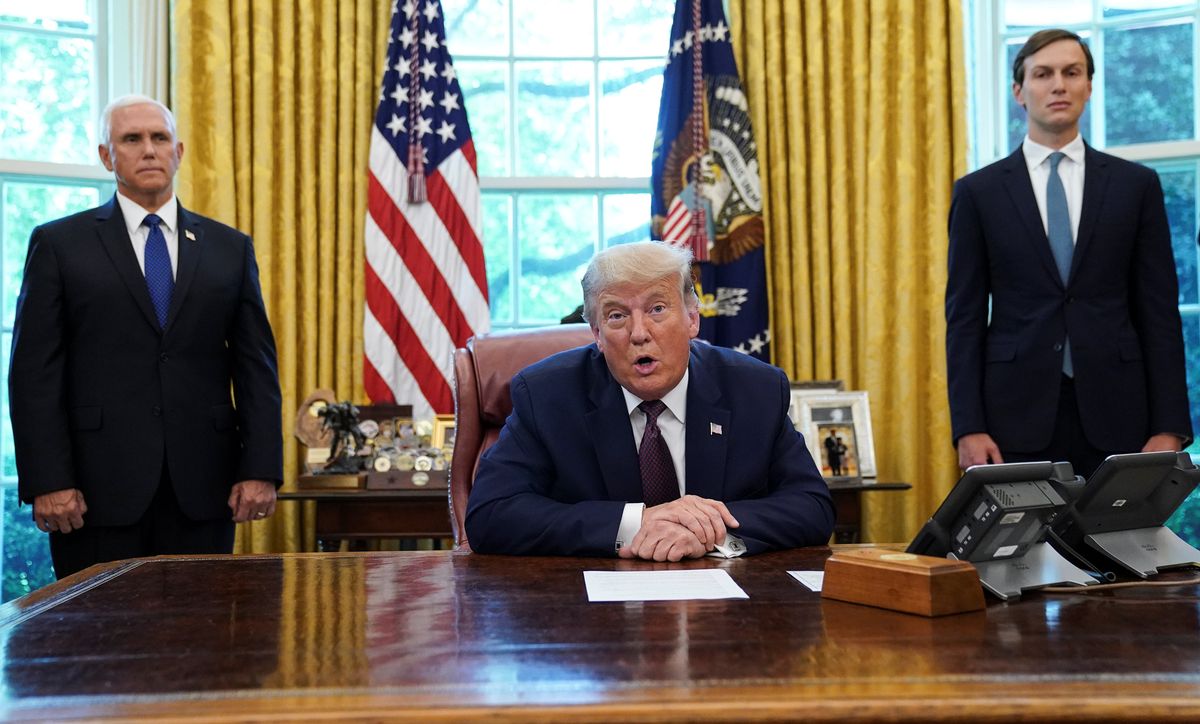 ​U.S. President Donald President Trump speaks after it was announced Bahrain has joined the United Arab Emirates in striking an agreement to normalize relations with Israel during a brief appearance in the Oval Office at the White House in Washington, U.S., September 11, 2020. 