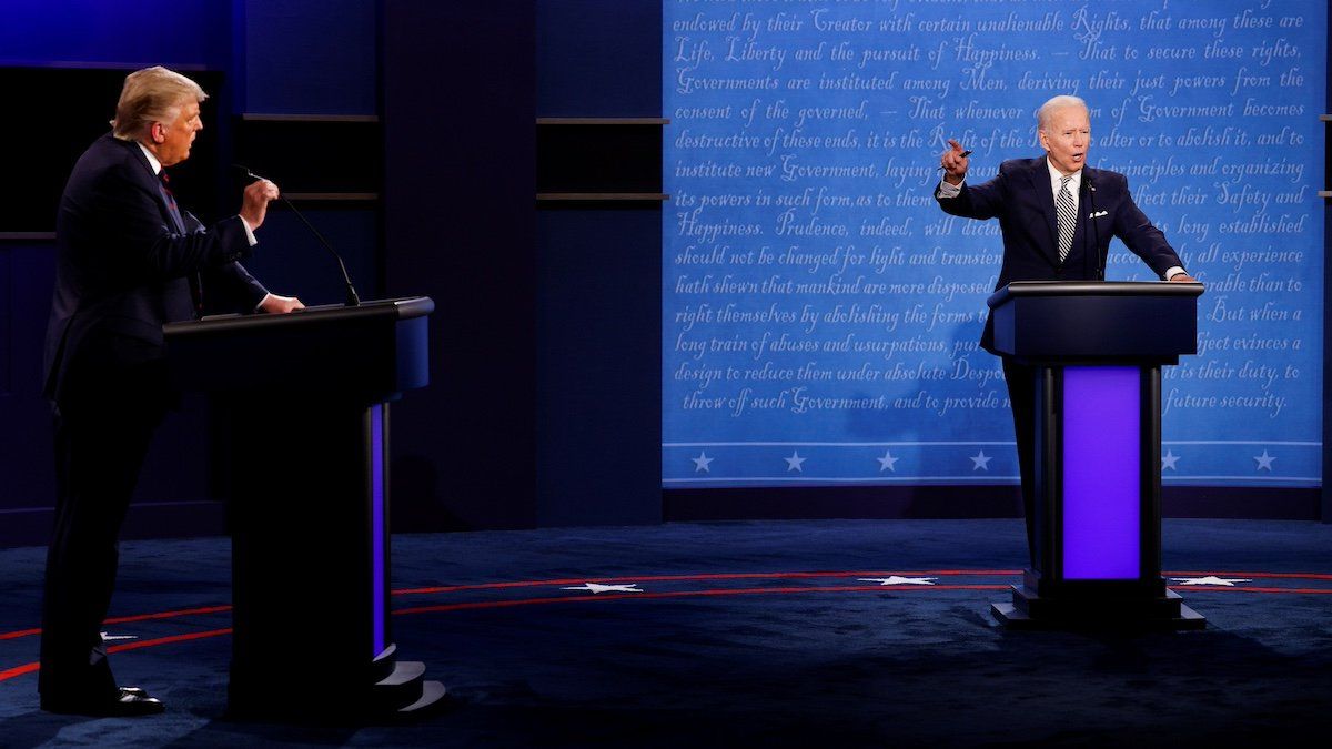 ​U.S. President Donald Trump and Democratic presidential nominee Joe Biden participate in their first 2020 presidential campaign debate held on the campus of the Cleveland Clinic at Case Western Reserve University in Cleveland, Ohio, U.S., September 29, 2020. 