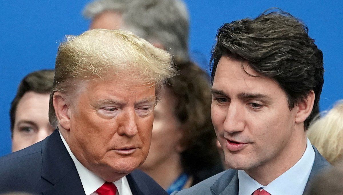 ​U.S. President Donald Trump talks with Canada's Prime Minister Justin Trudeau during a North Atlantic Treaty Organization Plenary Session at the NATO summit in Watford, Britain, December 4, 2019.