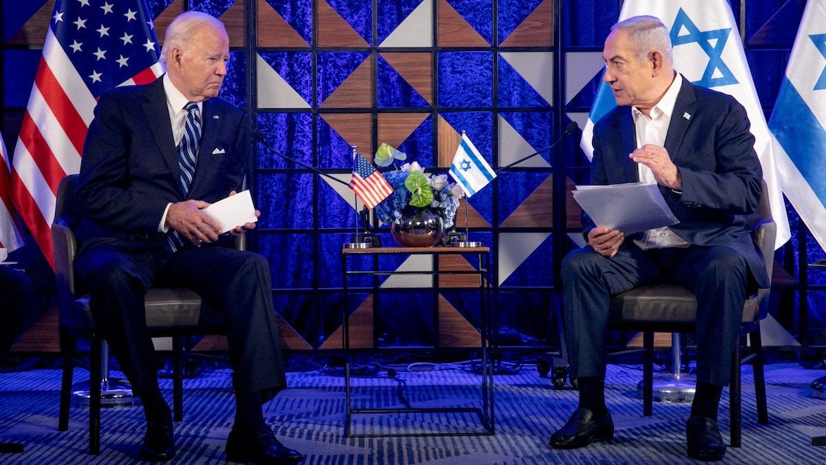 U.S. President Joe Biden, left, meets with Israeli Prime Minister Benjamin Netanyahu, right, to discuss the ongoing conflict between Israel and Hamas, in Tel Aviv, Israel, Wednesday, Oct. 18, 2023. 