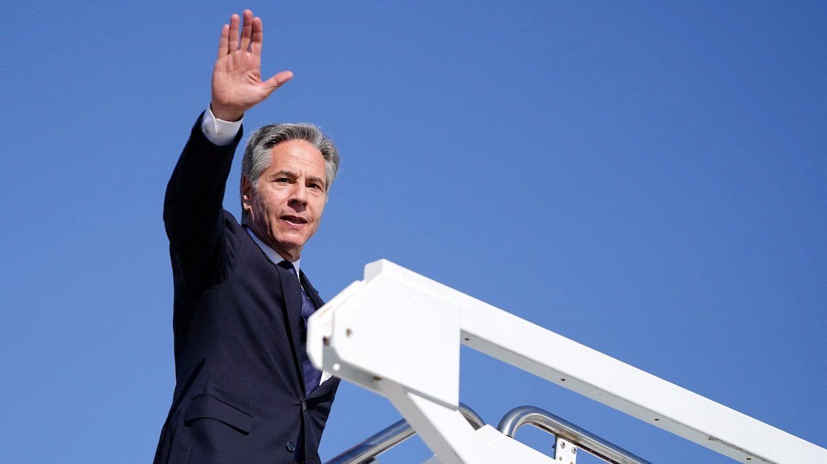 U.S. Secretary of State Antony Blinken boards a plane, en route to the Middle East, as he departs Joint Base Andrews, Maryland, U.S., October 21, 2024. 