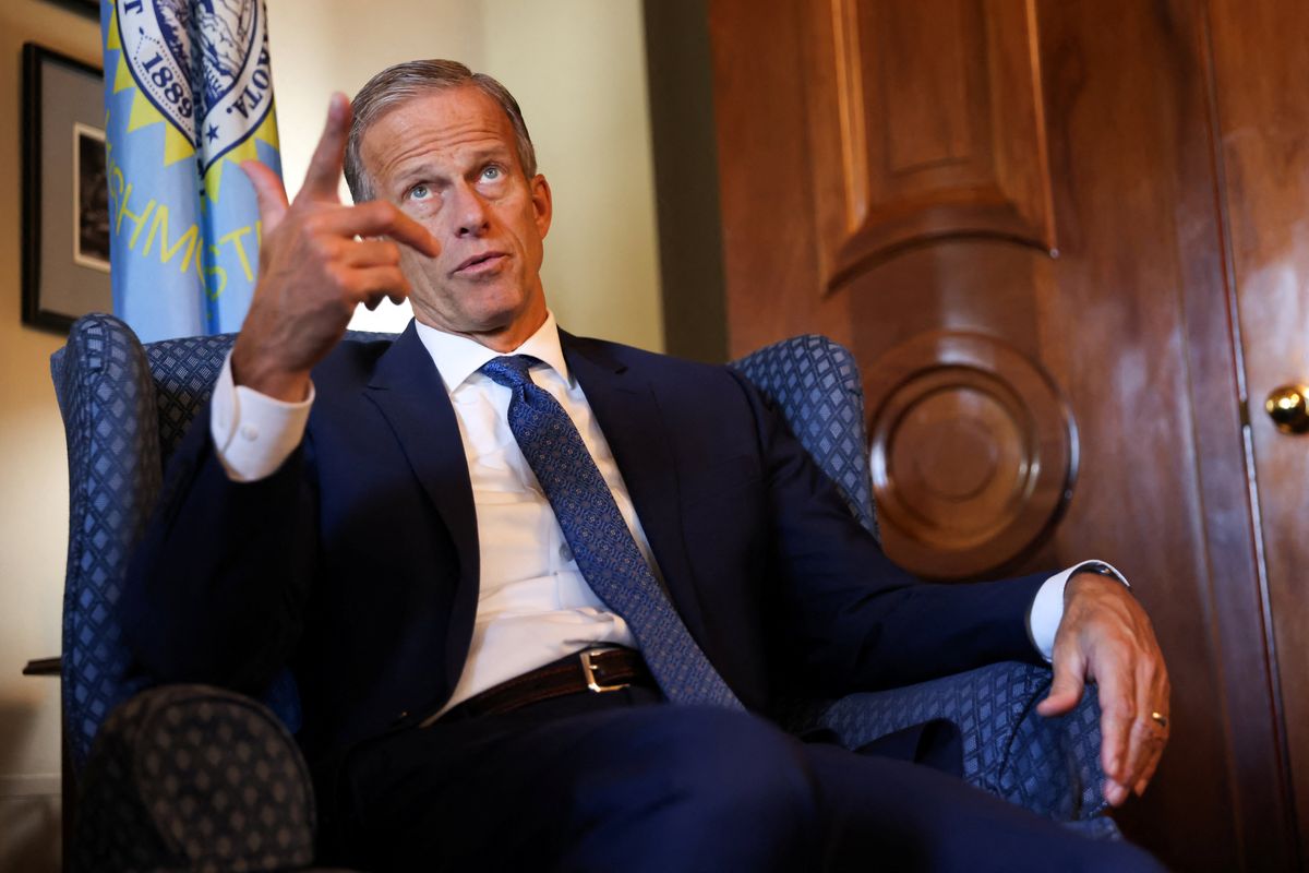 ​U.S. Senator John Thune (R-SD) speaks during an interview with Reuters in his office at the U.S. Capitol in Washington, U.S., September 13, 2023. 