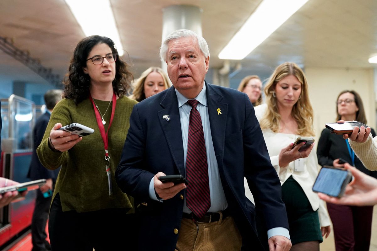 ​U.S. Senator Lindsey Graham (R-SC) speaks to the media, on the day of a Senate Republicans' weekly policy lunch on Capitol Hill in Washington, D.C., U.S., February 19, 2025. 