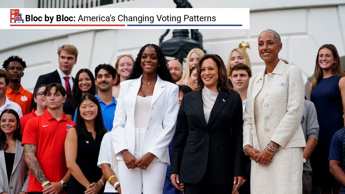 ​U.S. Vice President Kamala Harris poses for a picture with Jordynn Dudley, soccer player at Florida State University, Lynda Tealer, senior vice president of championships at NCAA, and members of the women and men's National Collegiate Athletic Association (NCAA) Champion teams, in Kamala's first public appearance since President Joe Biden dropped out of the 2024 race, on the South Lawn of the White House, Washington, U.S., July 22, 2024. 