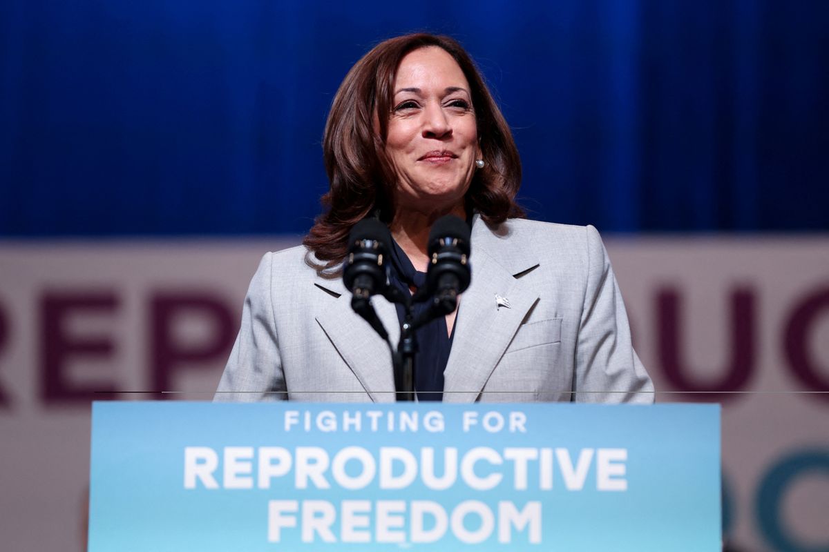 ​U.S. Vice President Kamala Harris speaks at an abortion rights rally at Howard University in Washington, U.S., April 25, 2023. 