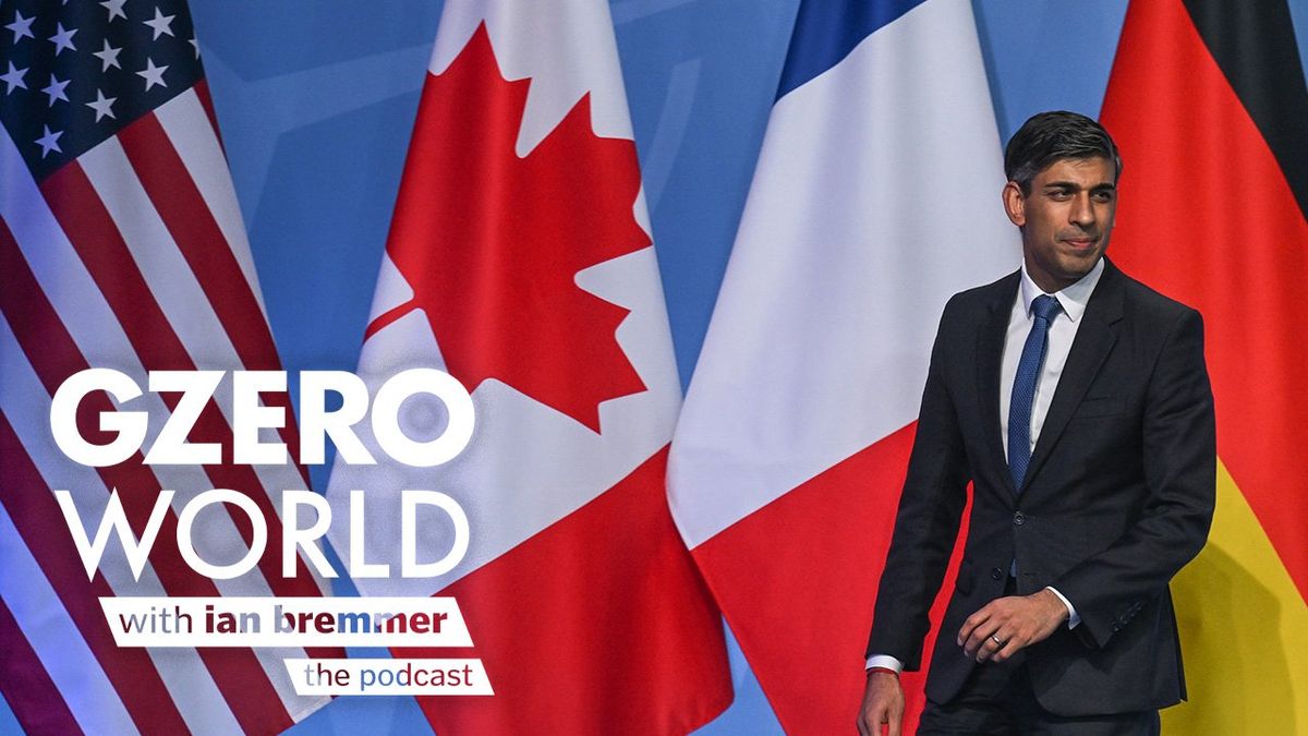 UK Prime Minister Rishi Sunak against a backdrop of flags of US, Canada, France and Germany and GZERO World with ian bremmer - the podcast