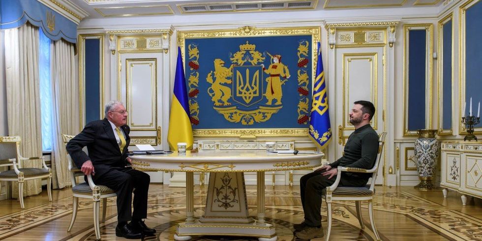 Ukrainian President Volodymyr Zelenskiy and U.S. President Donald Trump's special envoy, General Keith Kellogg, meet in Kyiv, Ukraine, on February 20, 2025.