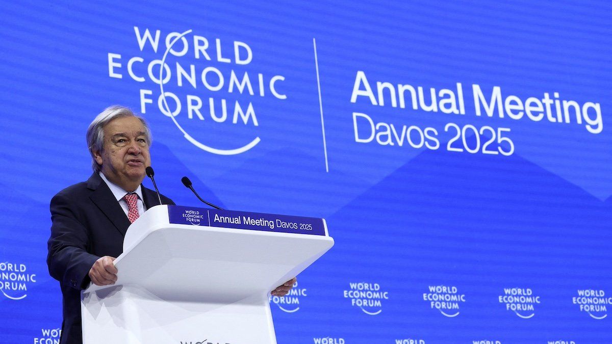 United Nations Secretary-General Antonio Guterres speaks during the 55th annual World Economic Forum (WEF) meeting in Davos, Switzerland, January 22, 2025. 