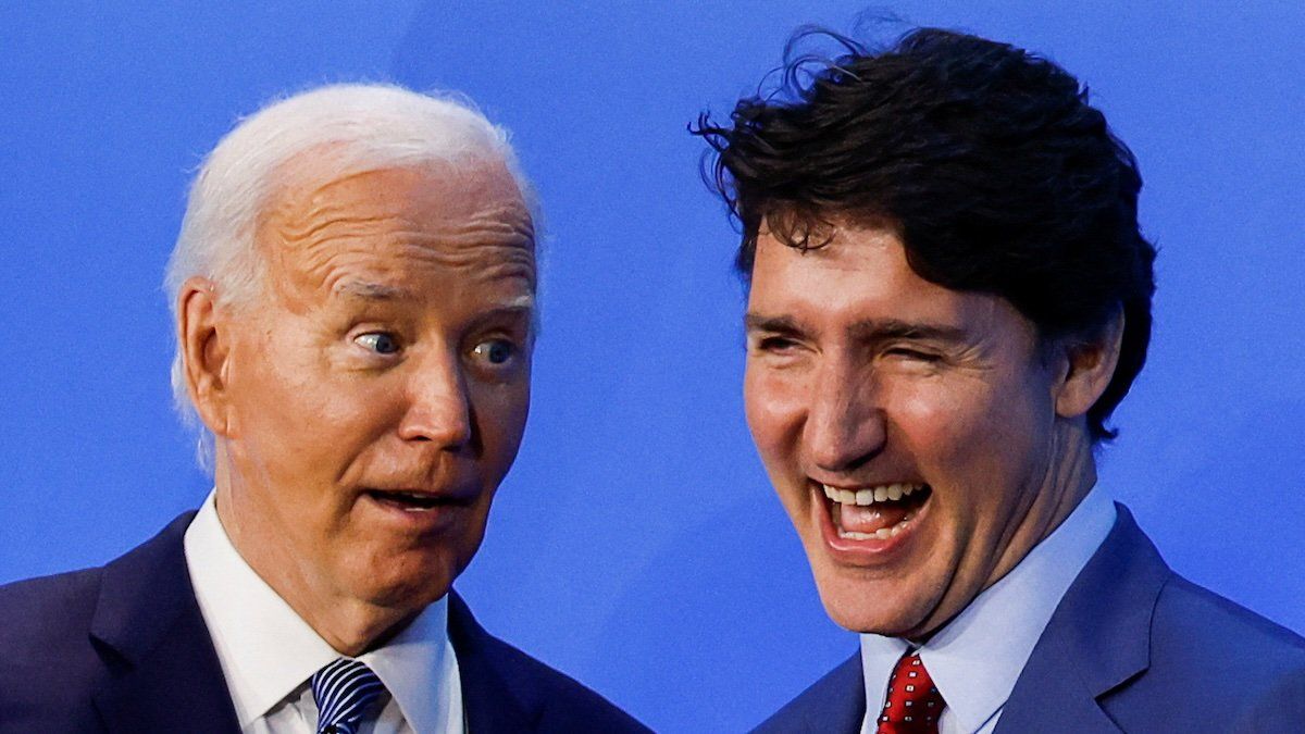 US President Joe Biden greets Canadian Prime Minister Justin Trudeau as they attend NATO's 75th anniversary summit in Washington, July 10, 2024. 