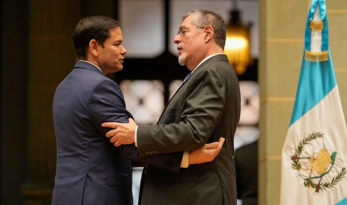 ​US Secretary of State Marco Rubio embraces Guatemalan President Bernardo Arevalo at the end of their joint news conference at the National Palace in Guatemala City, on Feb. 5, 2025. 