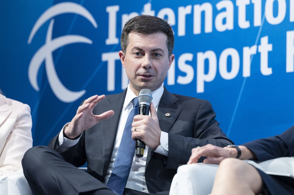 US Secretary of Transportation Pete Buttigieg speaking at the International Transport Forum\u2019s 2022 Summit in Leipzig, Germany, May 18, 2022.