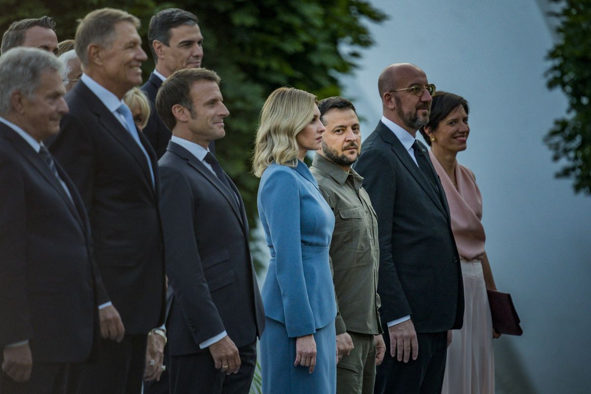 Volodymyr Zelenskiy, President of Ukraine, with his wife Olena Zelenskiy on the left, surrounded of Heads of State in the NATO Summit hosted in Vilnius, Lithuania.