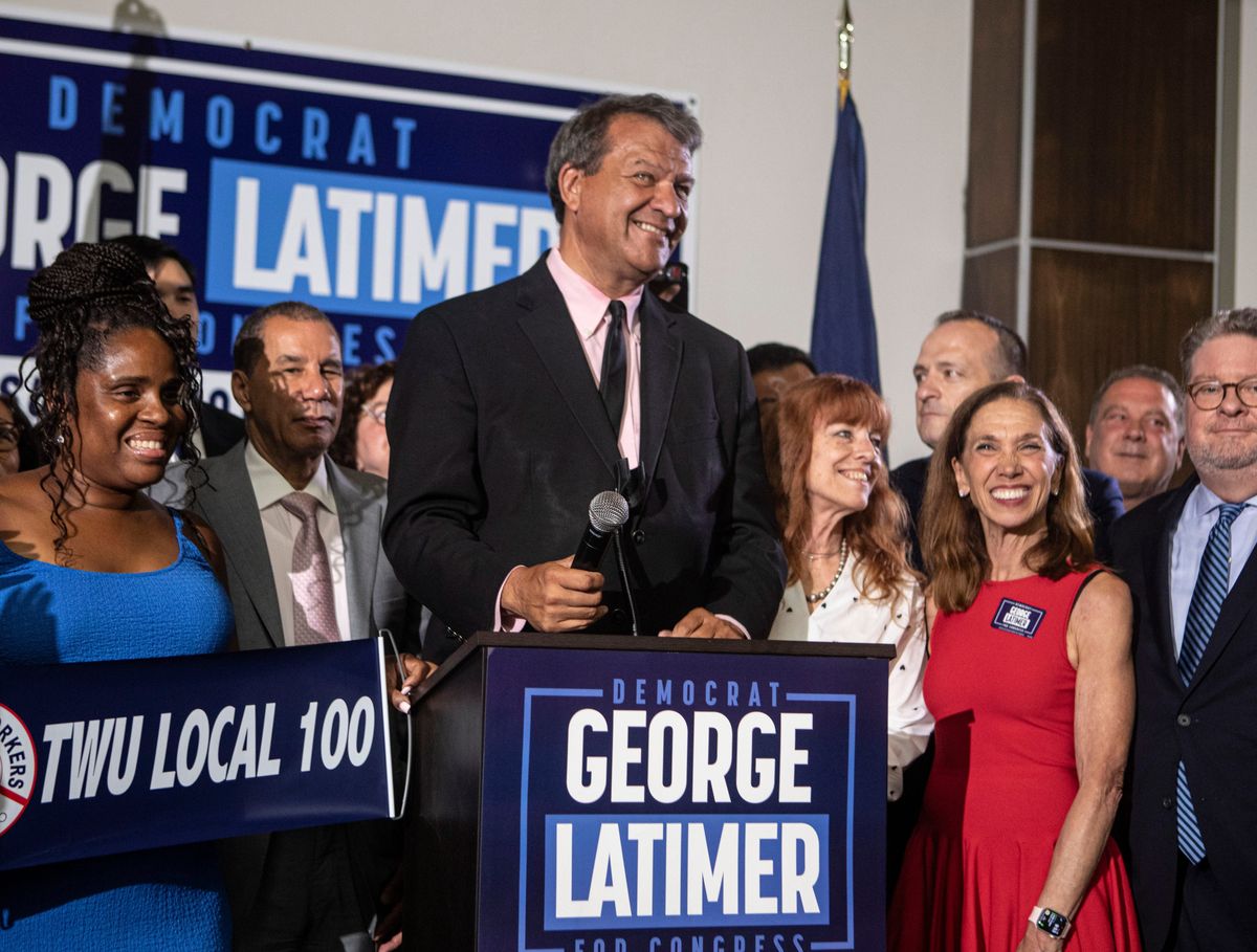 Westchester County Executive George Latimer celebrates with supporters in White Plains, N.Y. after winning the Democratic primary for New York's 16th congressional district seat June 25, 2024. Latimer defeated incumbent Rep. Jamaal Bowman.