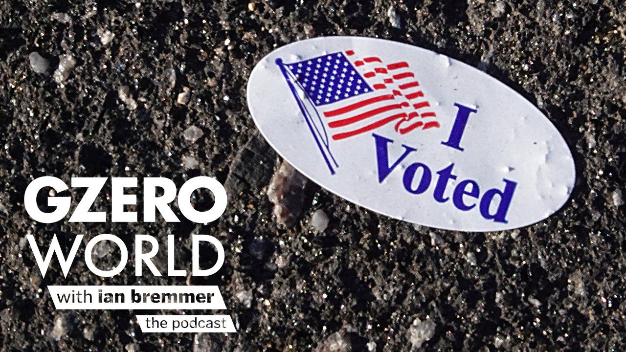 White 'I Voted' sticker with US flag graphic on the floor and GZERO World with ian bremmer - the podcast